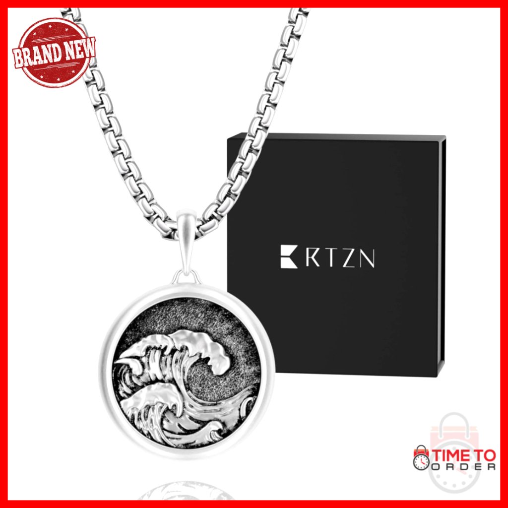 Stainless Steel Wave Pendant Necklace For Men With 22" Chain